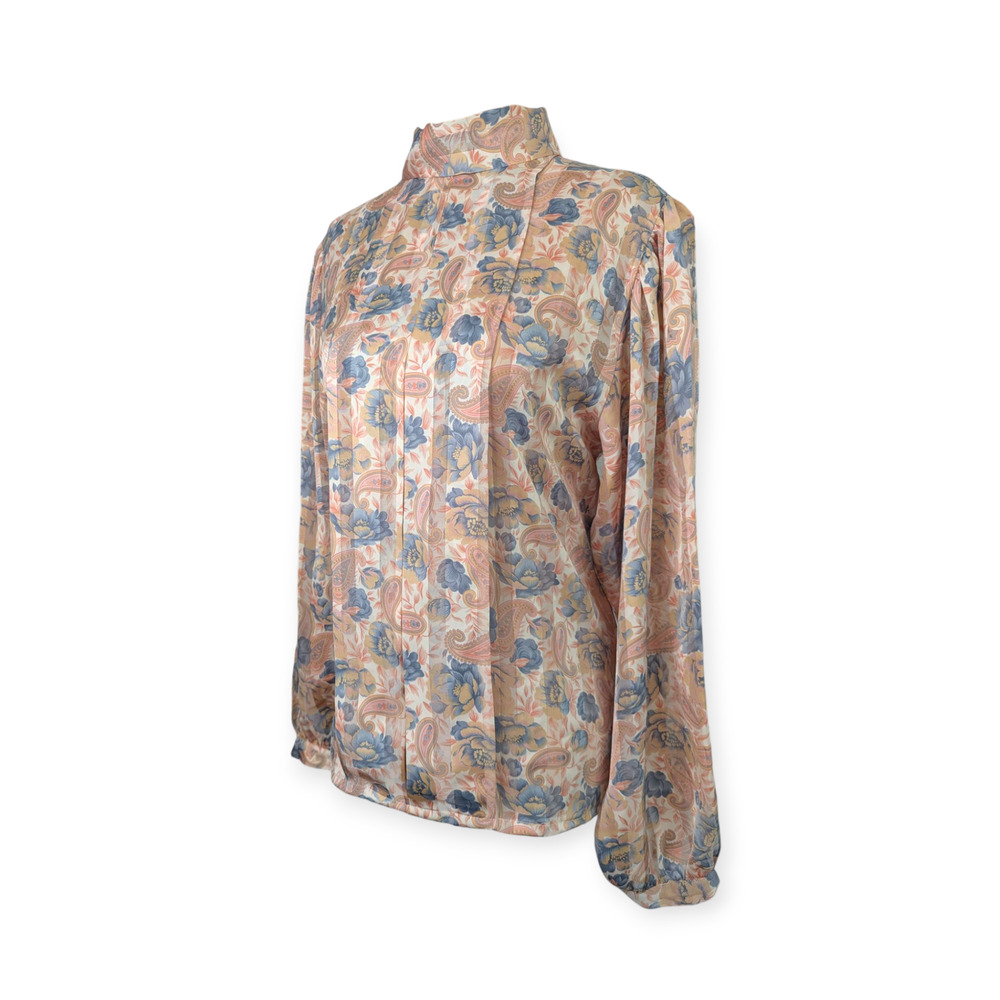 80's Muted Pastel Floral Stripe Jacquard Blouse Michelle Stuart Size 10 Paisley